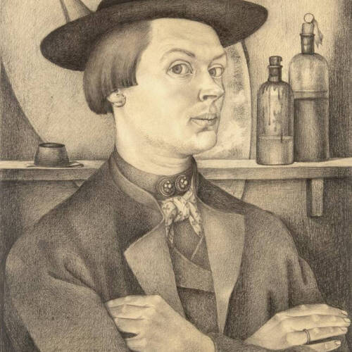 Drawing of a man wearing a hat with his hands folded over his chest, standing in front of a shelf with an artist palette and bottles